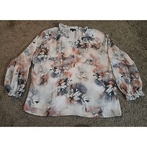 Bua Bua Fall Floral Print Blouse Bubble Sleeves Split V-Neck Size 2X Chiffon